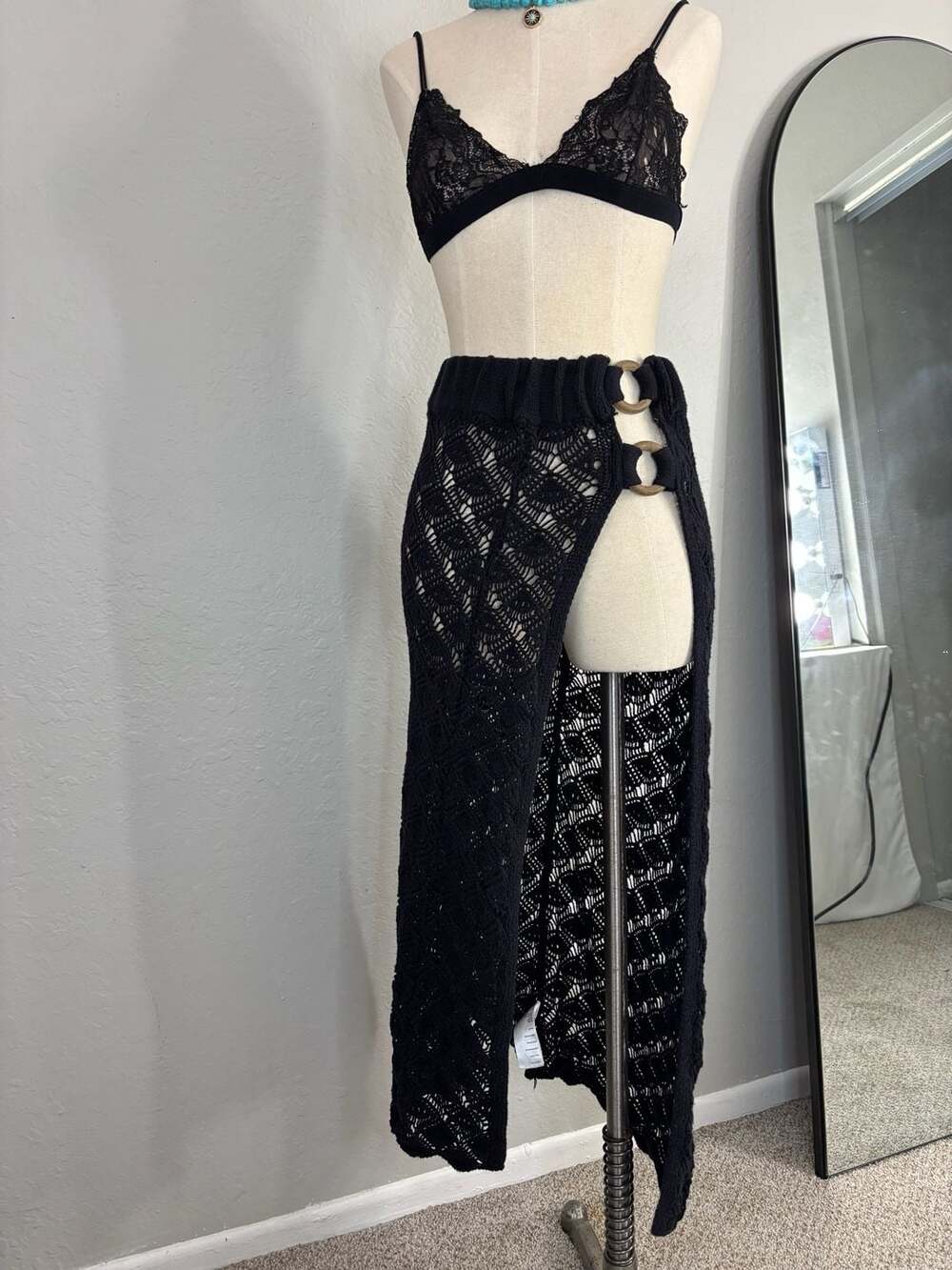 Free People Bali Melodie Crochet Maxi Skirt with Wood Ring Detail